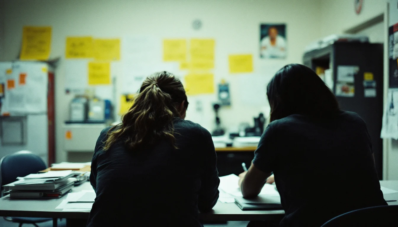 Two people reviewing documents in a community office