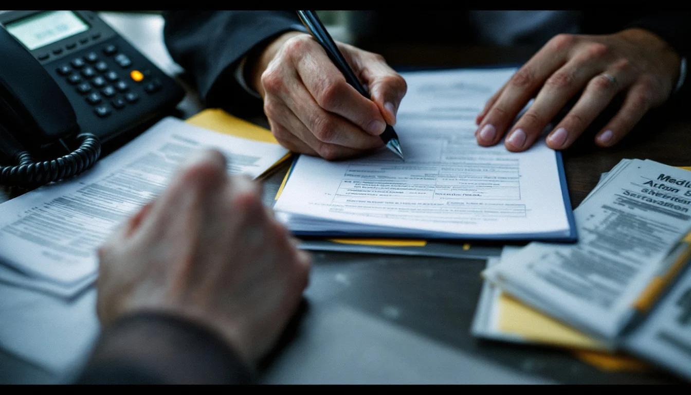 Hands writing notes beside a desk phone and medical statements