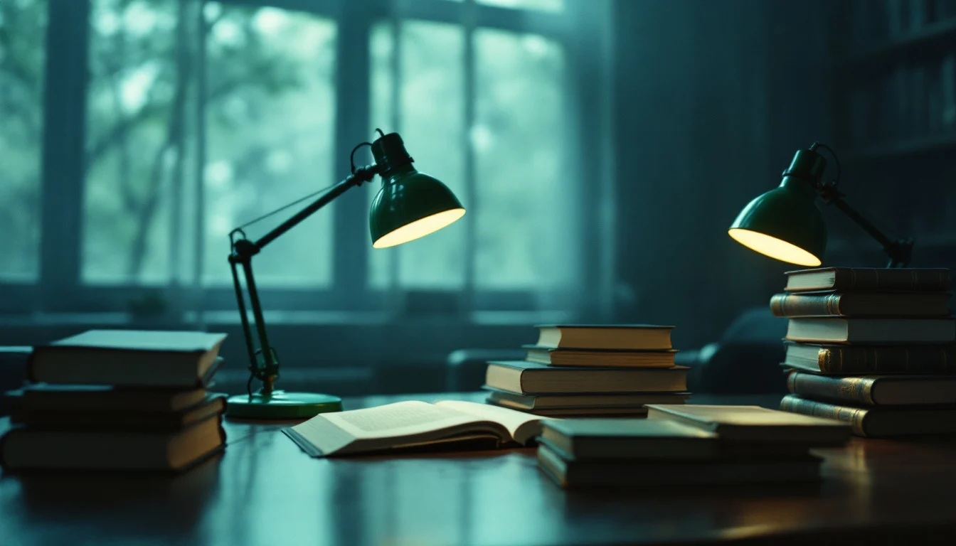 A law library reading table with green lamps