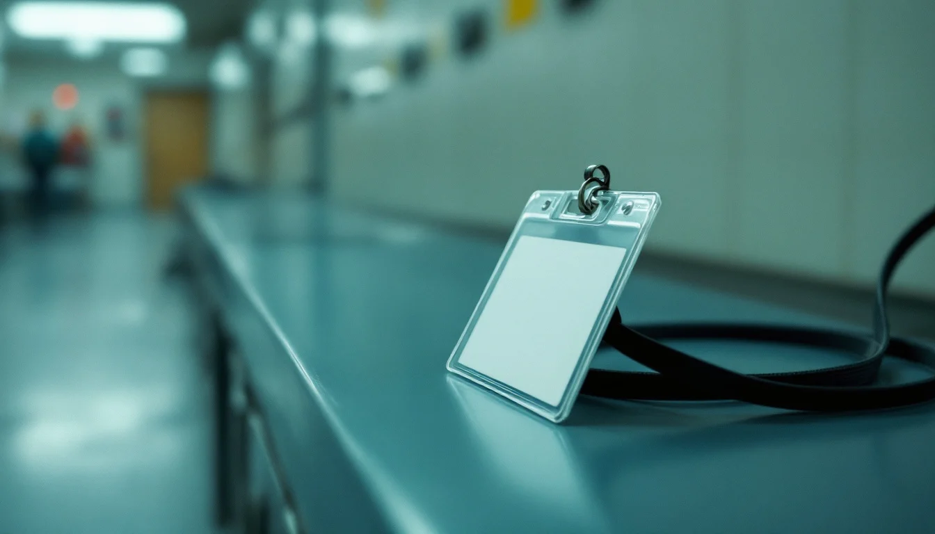 A hospital ID badge on a locker room bench